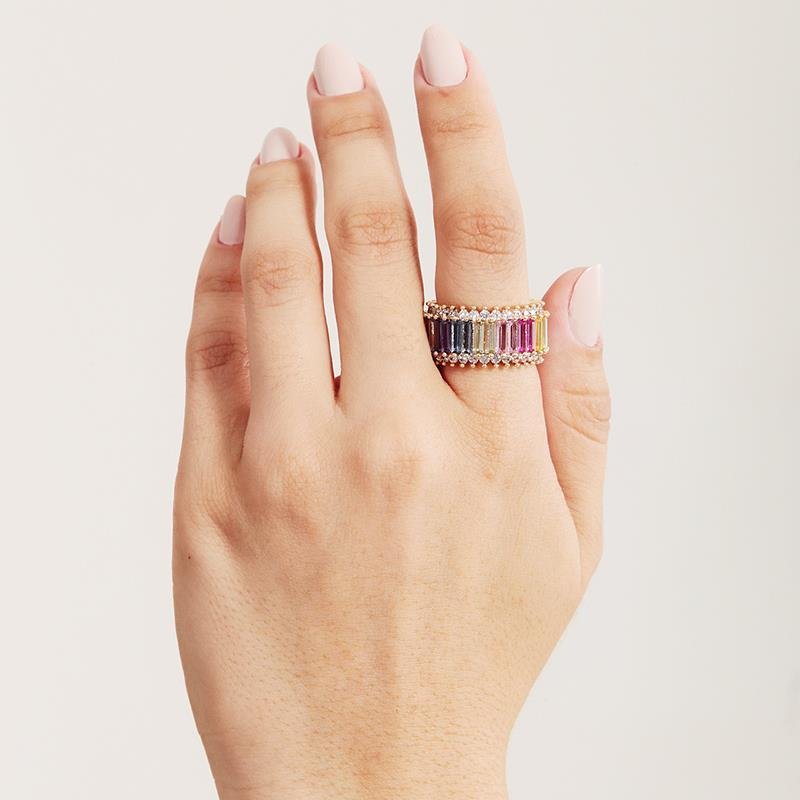 Anel Com Zircônia Baguete Colorida | Banhado a Ouro