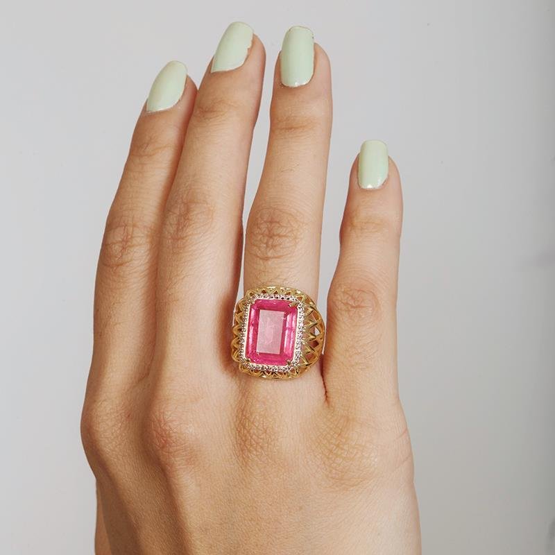 Anel Com Cristal Fusion Rosa | Banhado a Ouro