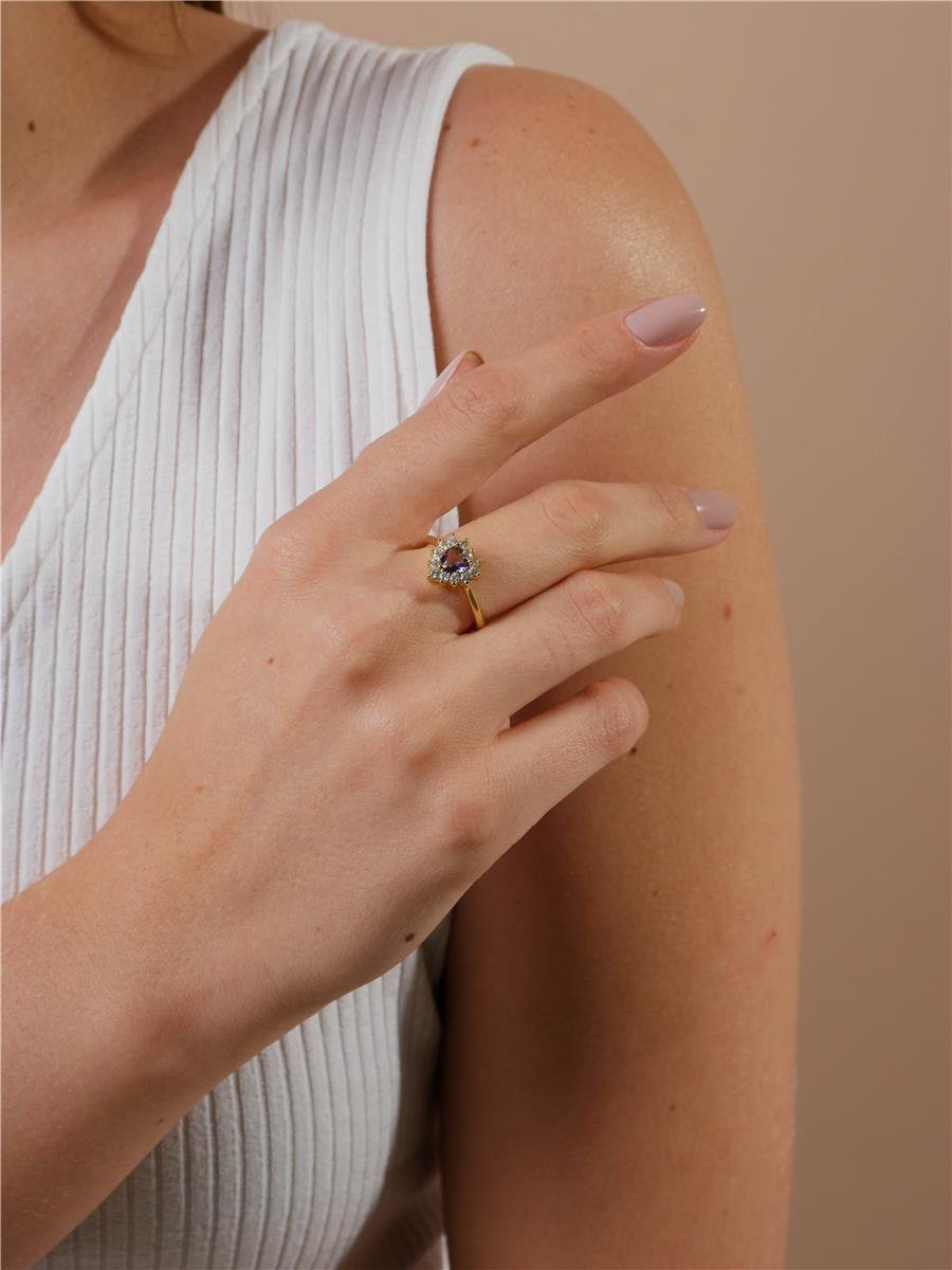 Anel Dourado de Coração com Cristal Ametista