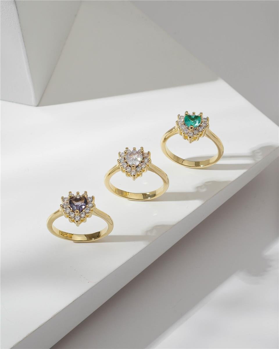 Anel Dourado de Coração com Cristal Ametista