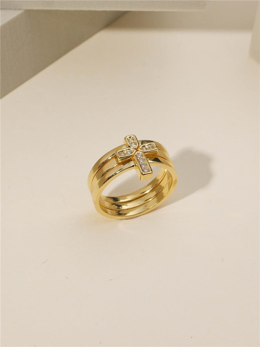 Trio De Anel Com Cruz Incolor | Banhado a Ouro