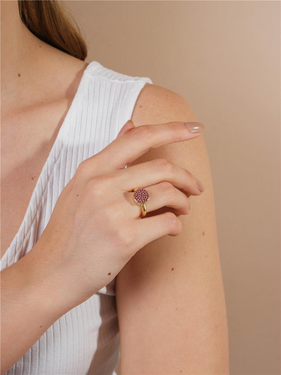 Anel Chuveiro Com Micro Zircônias Rosa Rubi G | Banhado a Ouro