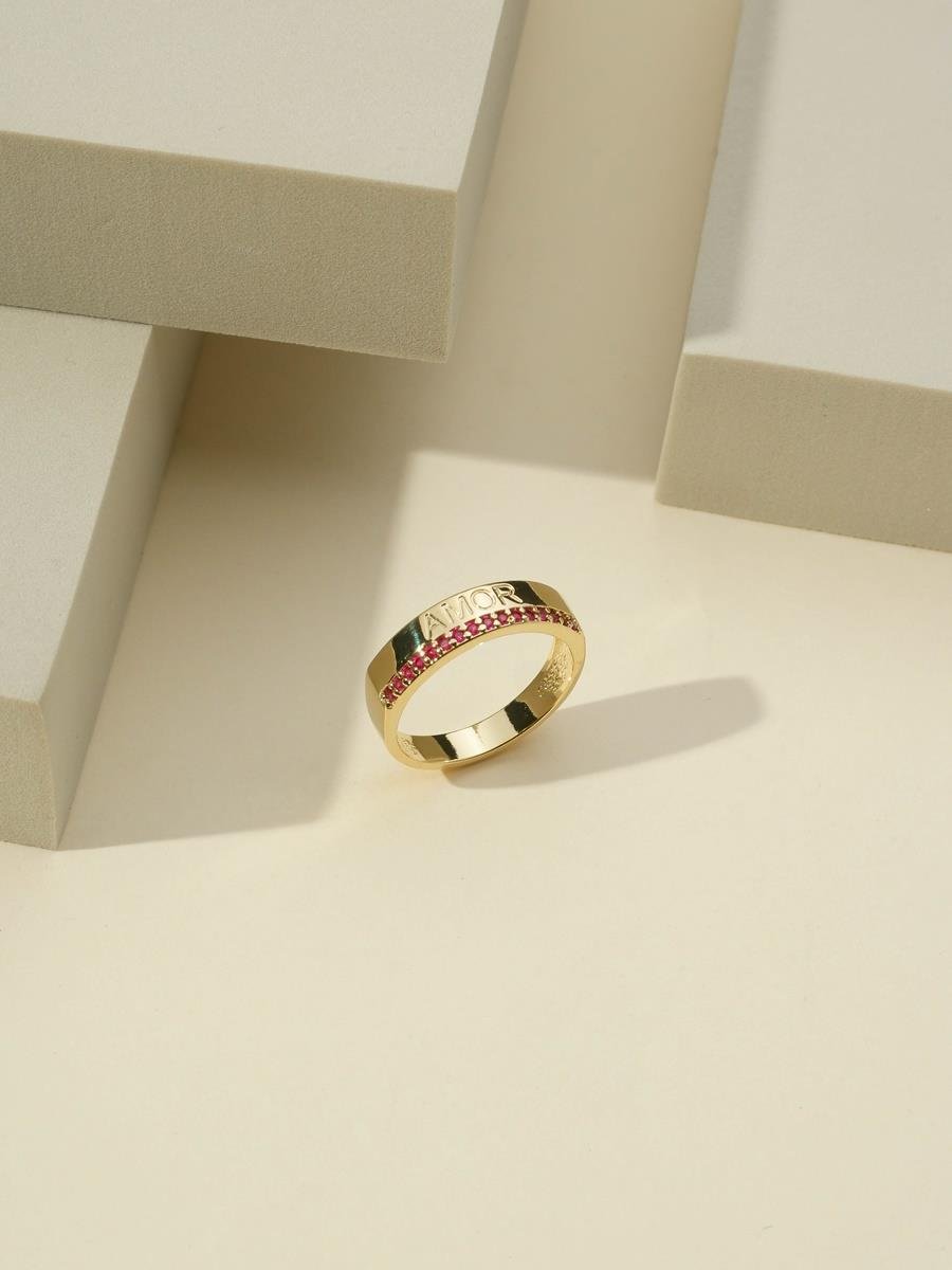 Anel 'Amor' Rosa Rubi | Banhado a Ouro