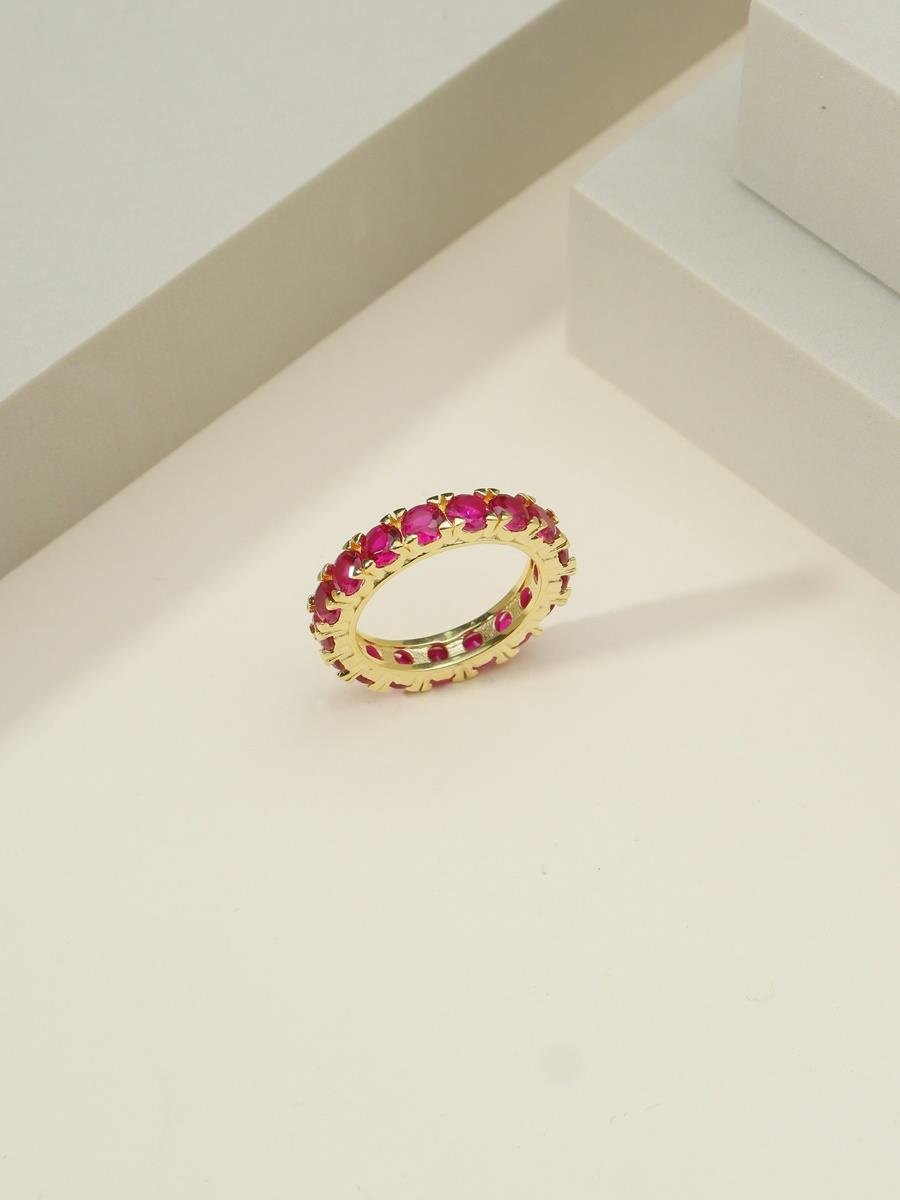 Anel De Zircônias Rosa Rubi | Banhado a Ouro