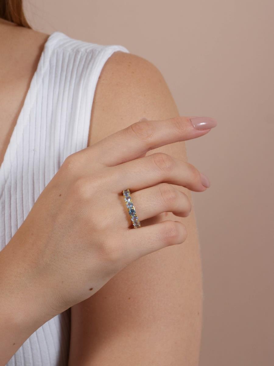 Anel De Zircônias Azul Aqua | Banhado a Ouro