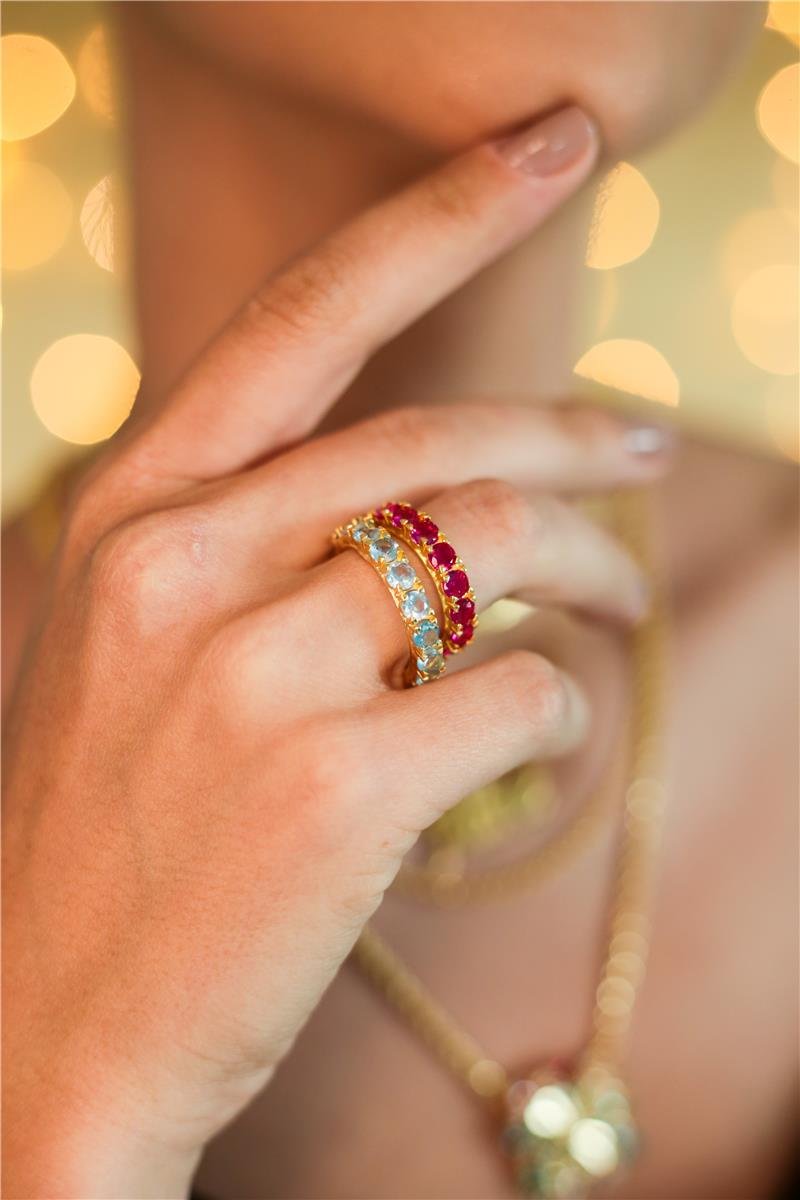 Anel De Zircônias Azul Aqua | Banhado a Ouro