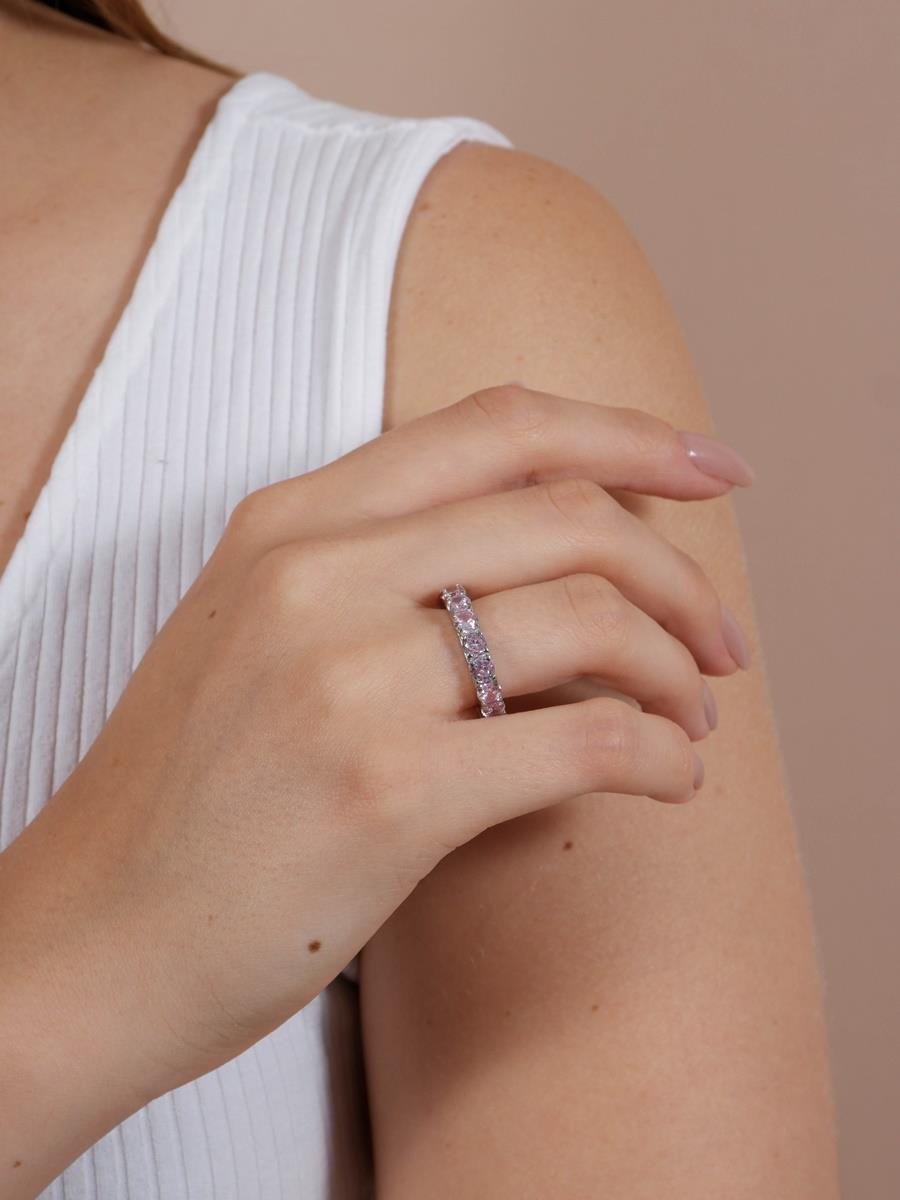 Anel Rosa Kunzita | Banhado a Ródio Branco