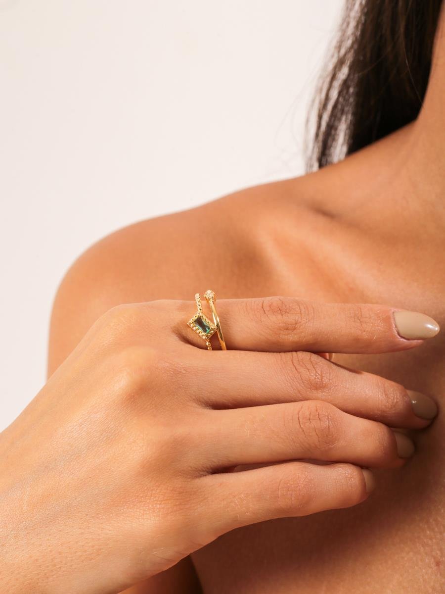 Anel Duplo com Baguete Verde Turmalina