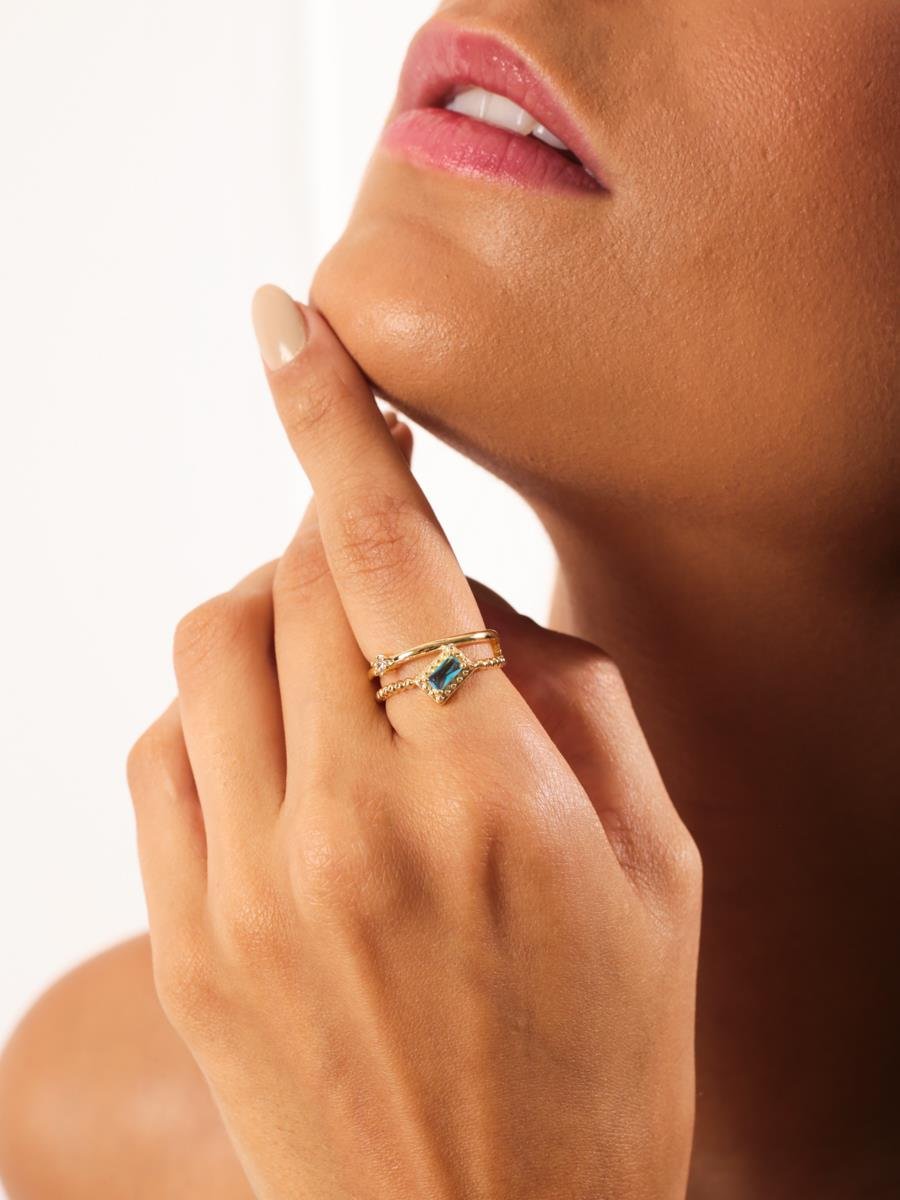 Anel Duplo com Baguete Azul