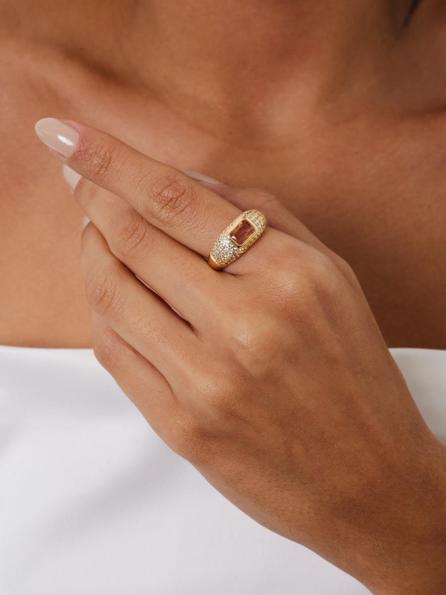 Anel Zircônia Rosa Turmalina | Banhado a Ouro
