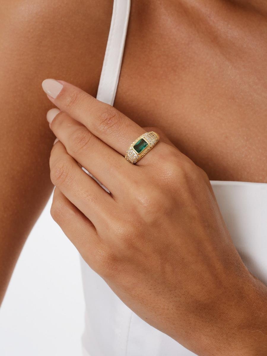 Anel Zircônia Verde Turmalina | Banhado a Ouro