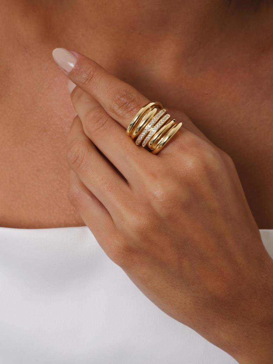 Anel Largo Fios Lisos E Cravejados | Banhado a Ouro