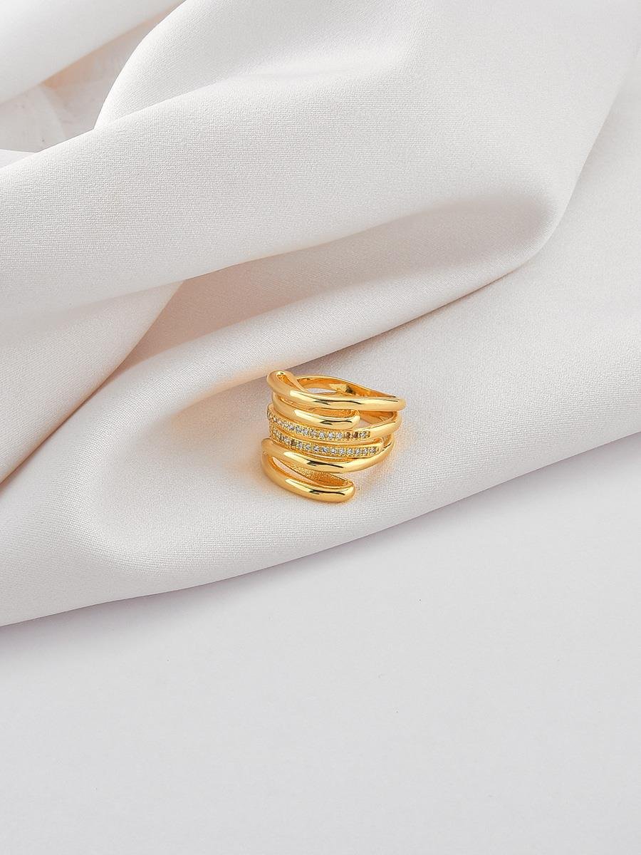 Anel Largo Fios Lisos E Cravejados | Banhado a Ouro