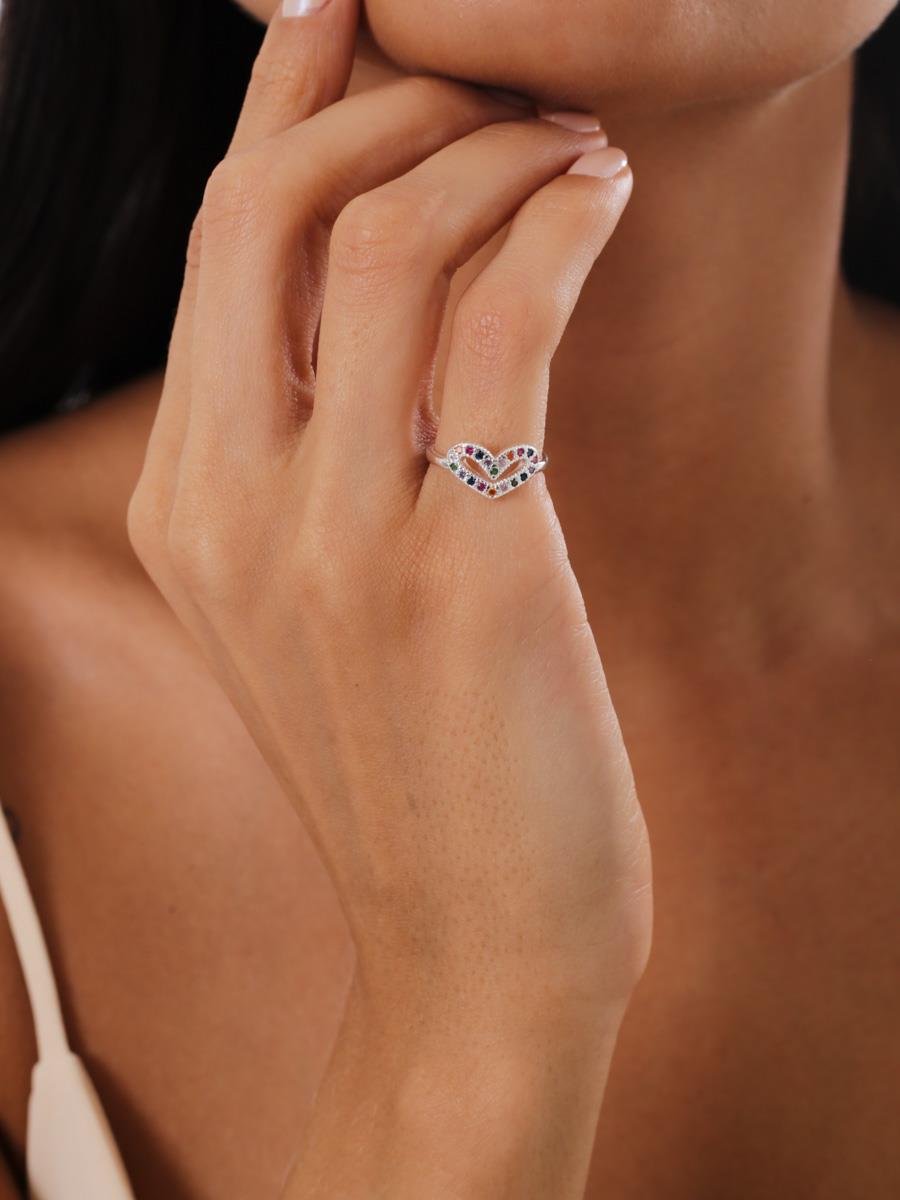 Anel Coração Colorido | Falange | Banho de Prata
