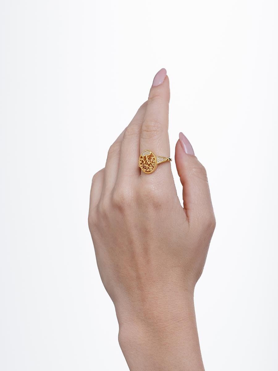 Anel Árvore da Vida Cravejado com Coração | Banhado a Ouro