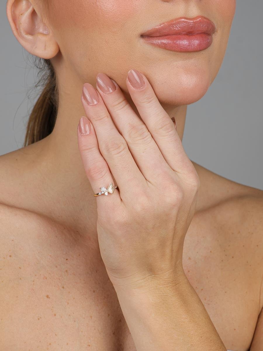 Anel Borboleta Asa Madrepérola e Cravejada | Banhado a Ouro