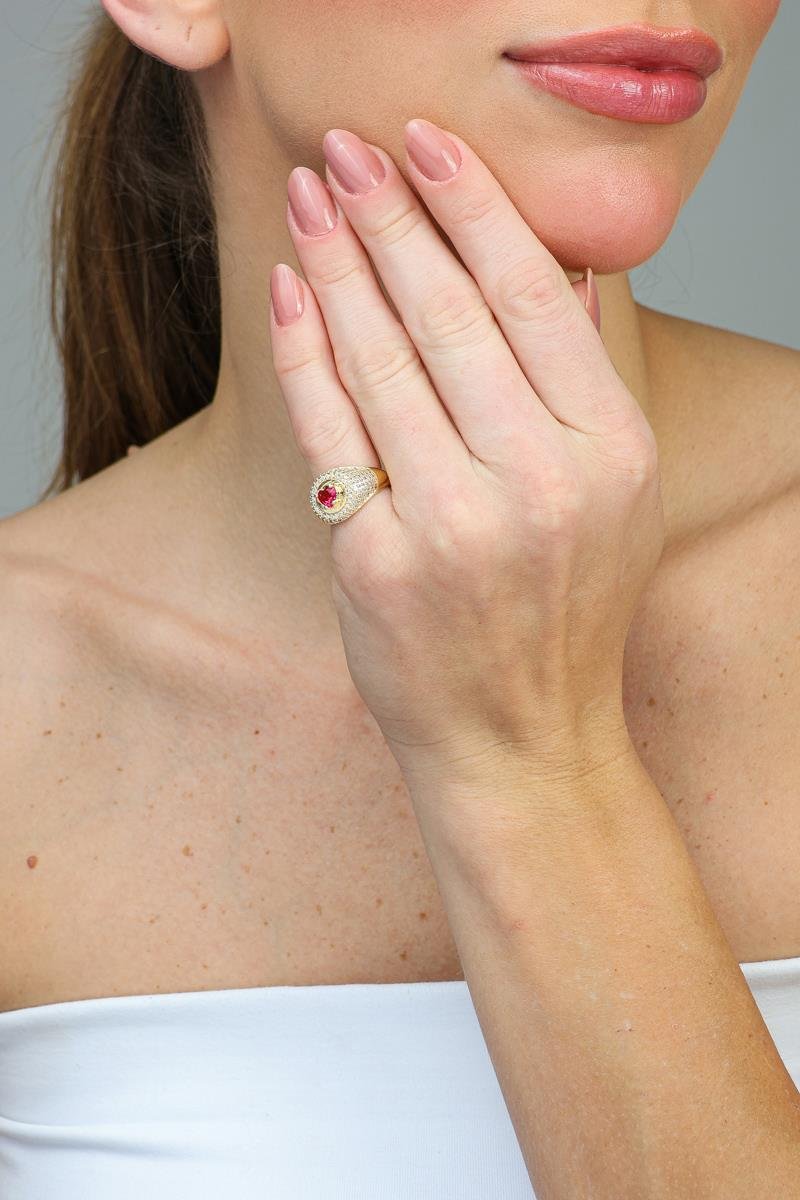 Anel Coração Rosa Cravejado | Banhado a Ouro