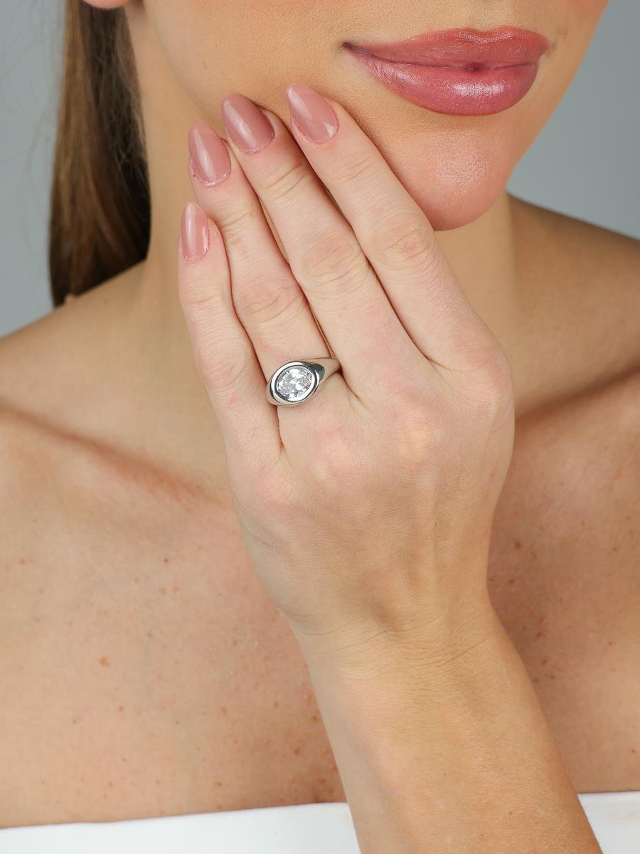 Anel Zircônia Oval | Banhado a Ródio Branco