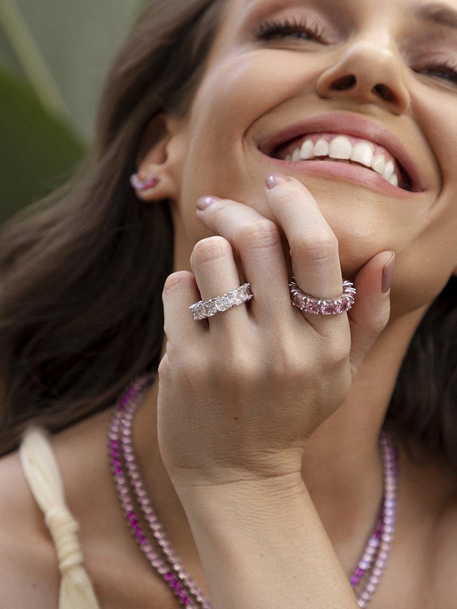 Anel Riviera Rosa | Banhado a Ródio Branco