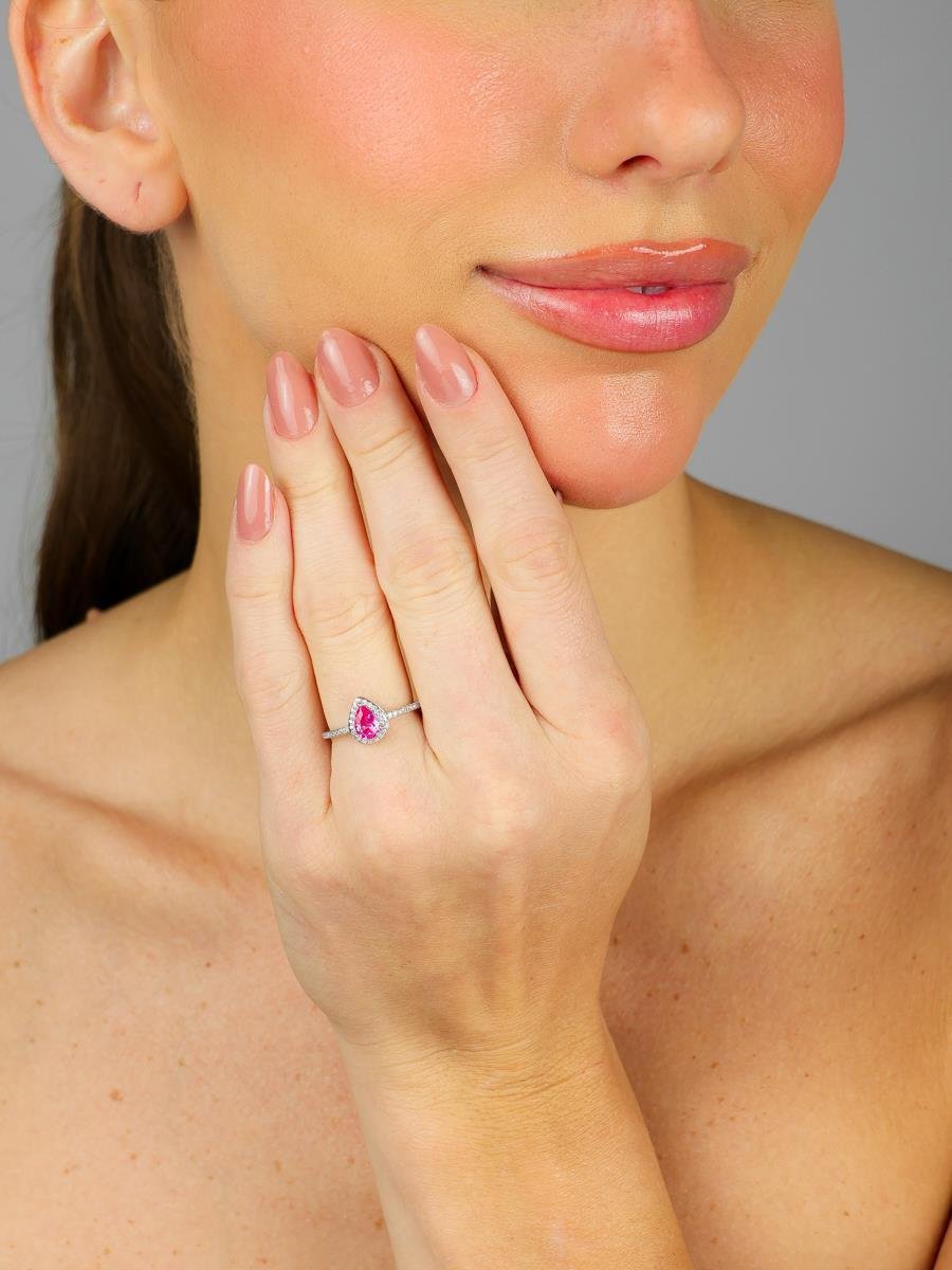 Anel Gota Cravejado Rosa Pink | Banhado a Ródio Branco