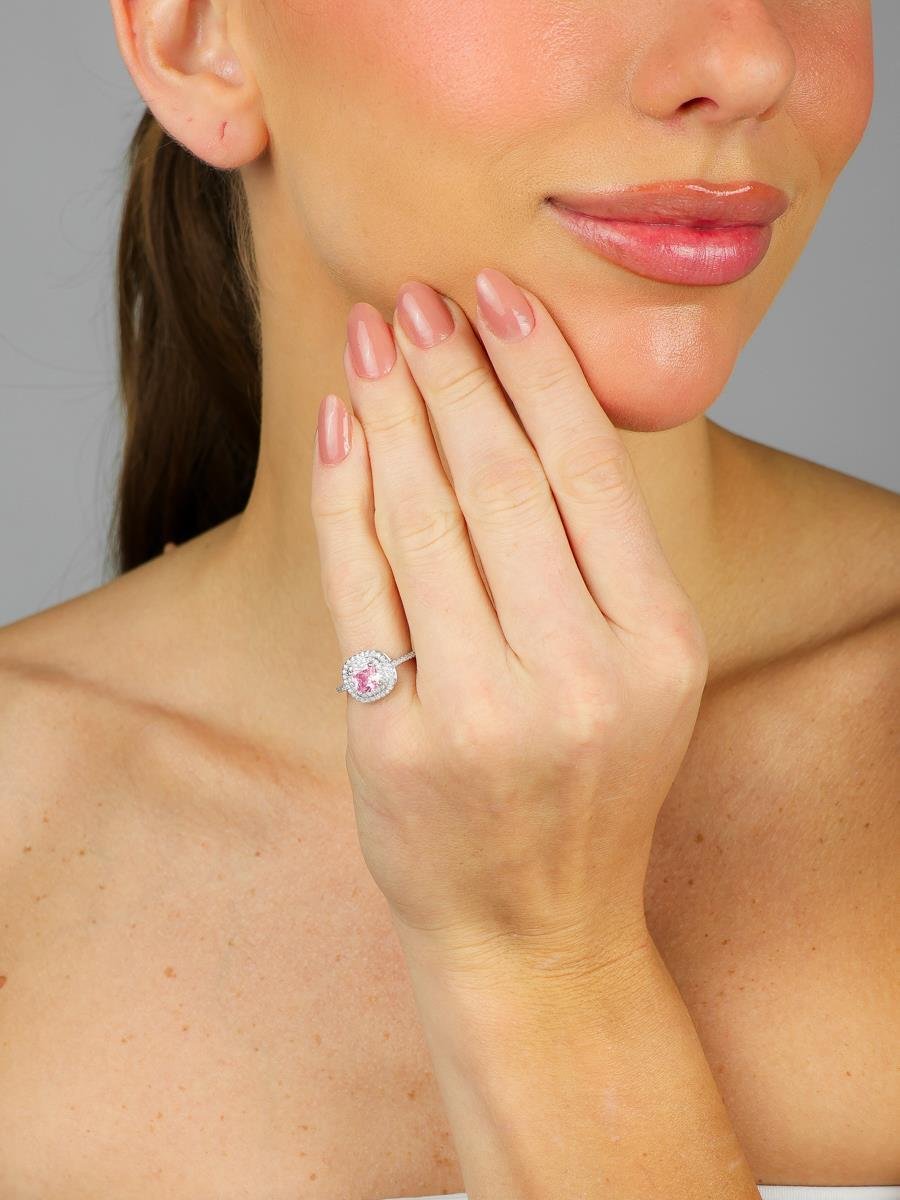 Anel Solitário Rosa Kunzita Cravejado | Banhado a Ródio Branco