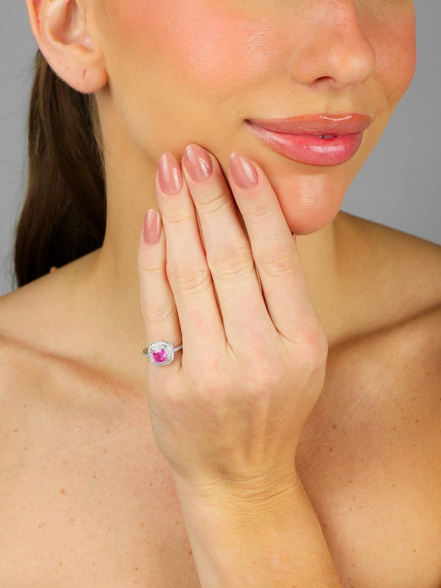 Anel Solitário Rosa Pink Cravejado | Banhado a Ródio Branco