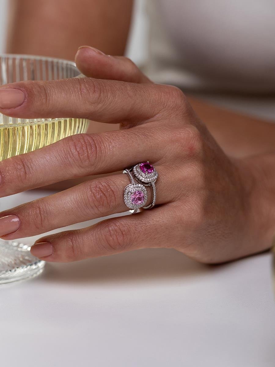 Anel Solitário Rosa Pink Cravejado | Banhado a Ródio Branco