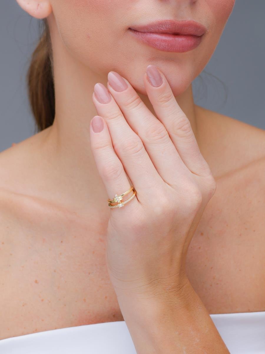 Anel Duplo Cravejado | Banhado a Ouro.