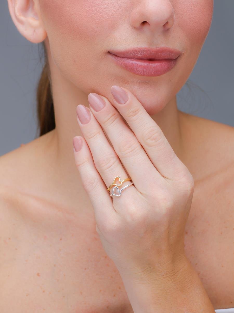 Anel Duplo Coração Vazado | Banhado a Ouro e Prata.