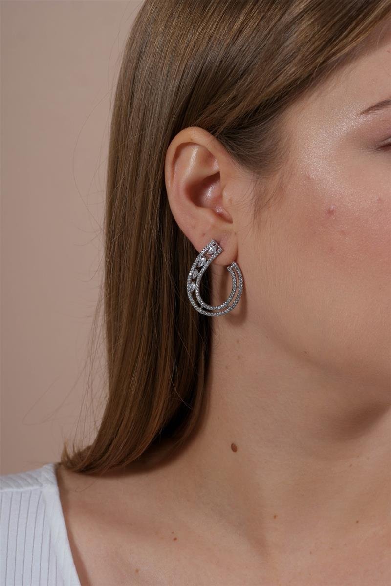 Brinco Cravejado Incolor | Banho de Ródio Branco 