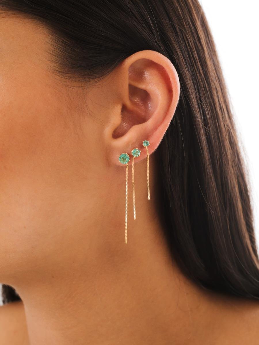 Trio de Brincos Ponto de Luz Tumalina com Franja | Banhado a Ouro