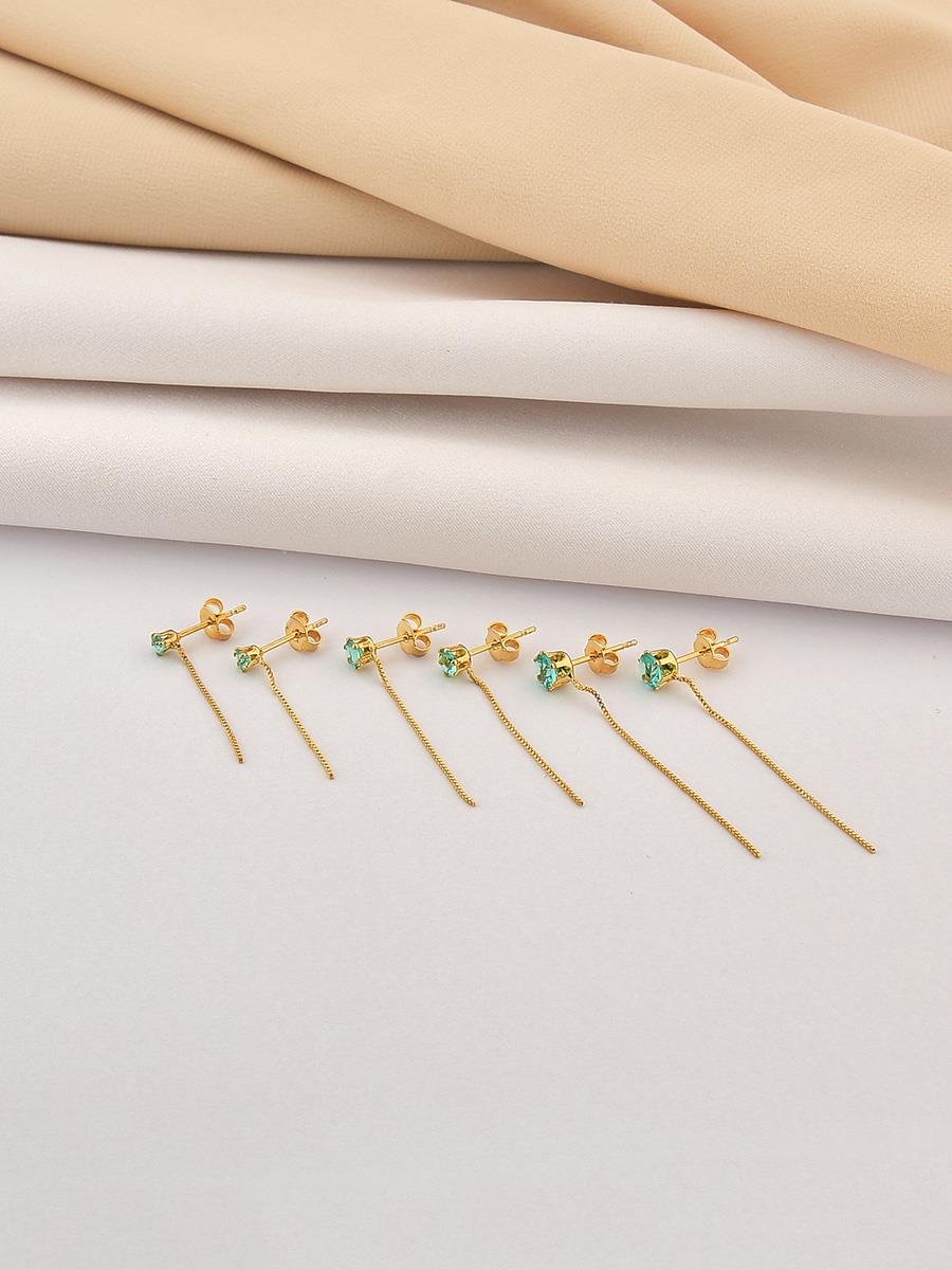 Trio de Brincos Ponto de Luz Tumalina com Franja | Banhado a Ouro