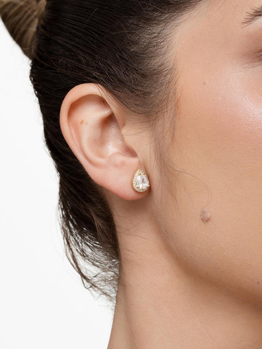 Brinco Gota Cravejado Incolor | Banhado a Ouro