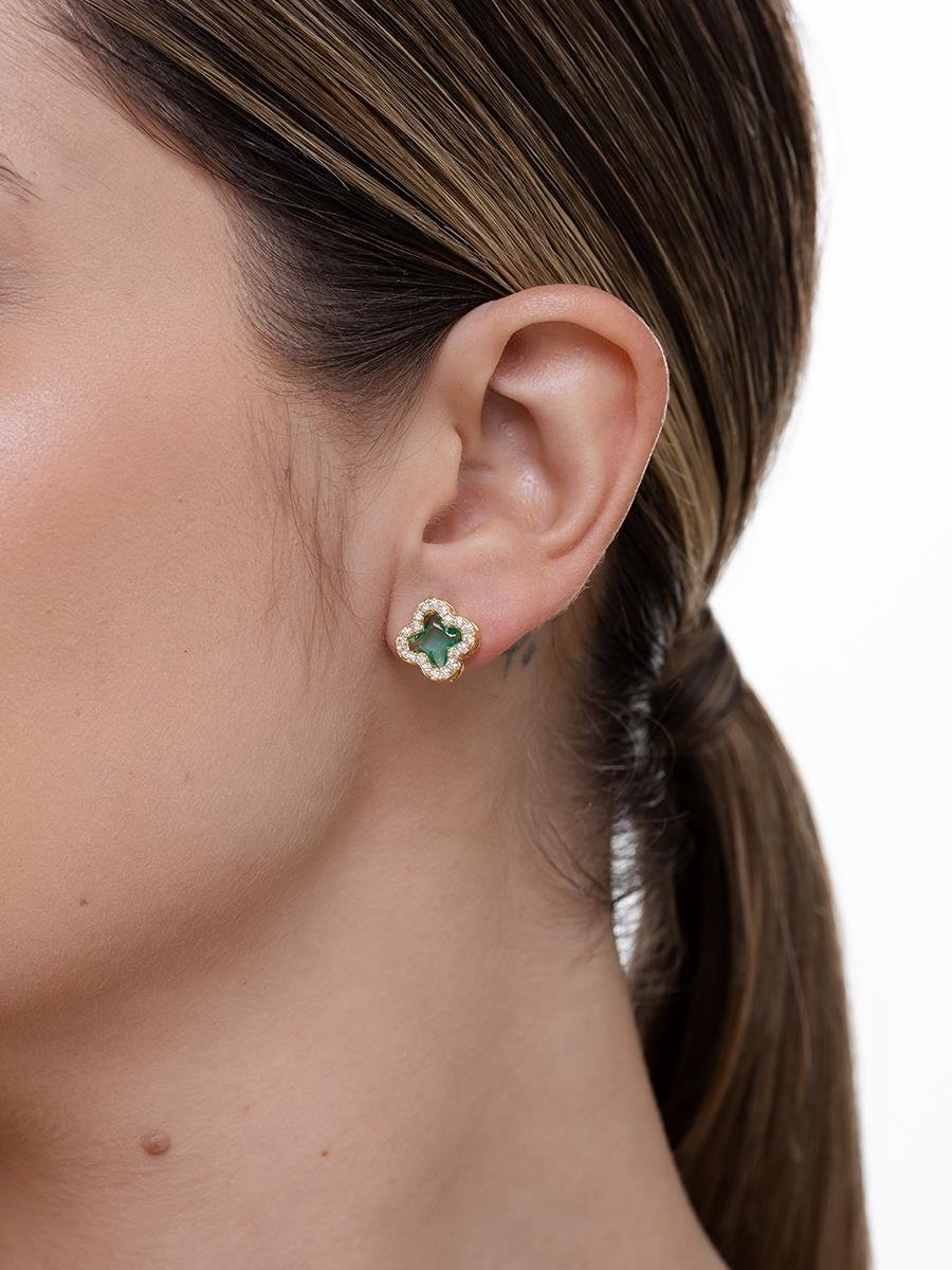 Brinco Trevo Cravejado Verde Turmalina | Banhado a Ouro