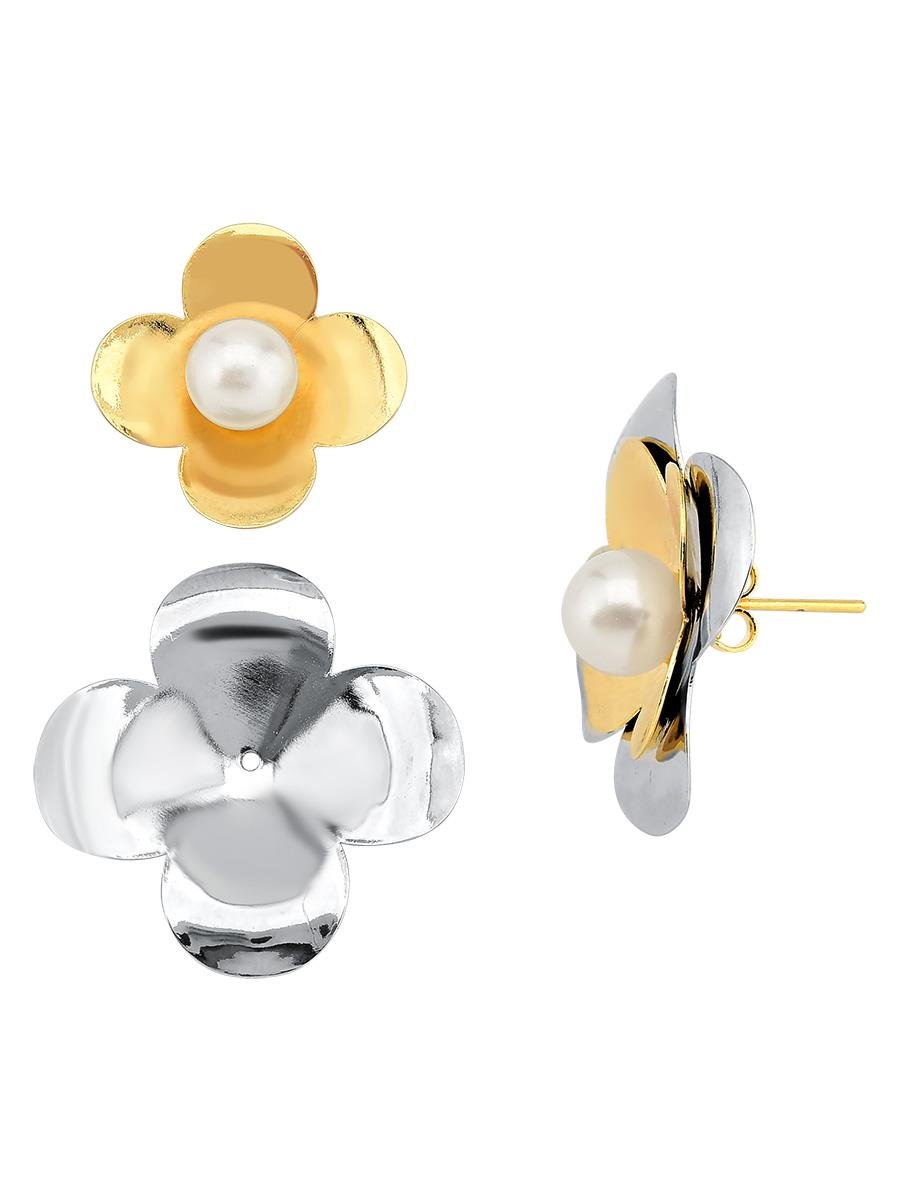 Brinco Flor com Pérola | Banhado a Ouro e Ródio Branco.