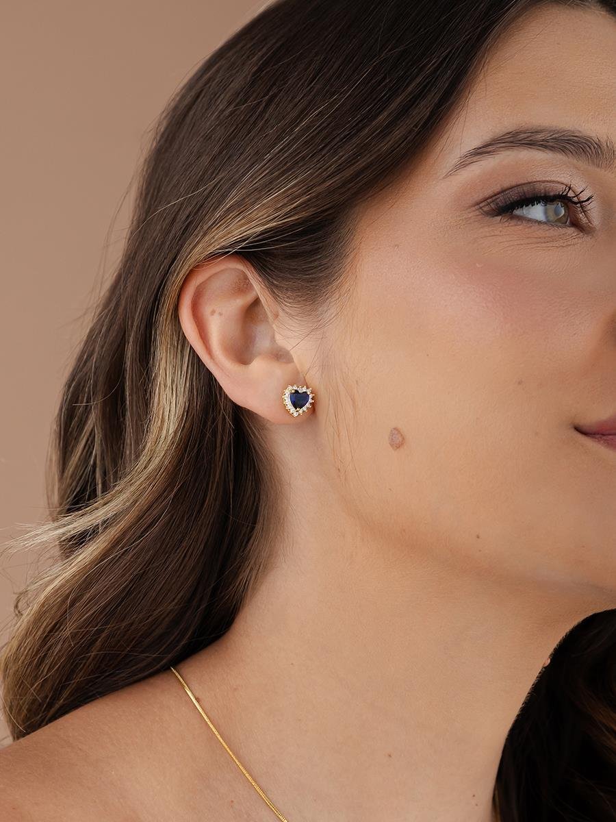 Brinco de Coração Safira Cravejado | Banhado a Ouro