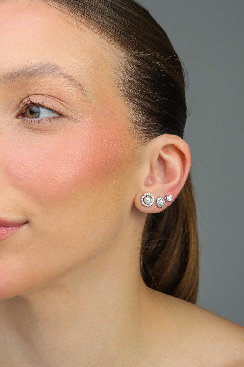 Trio de Brinco Pérola com Ponto de Luz | Banhado a Ródio Branco