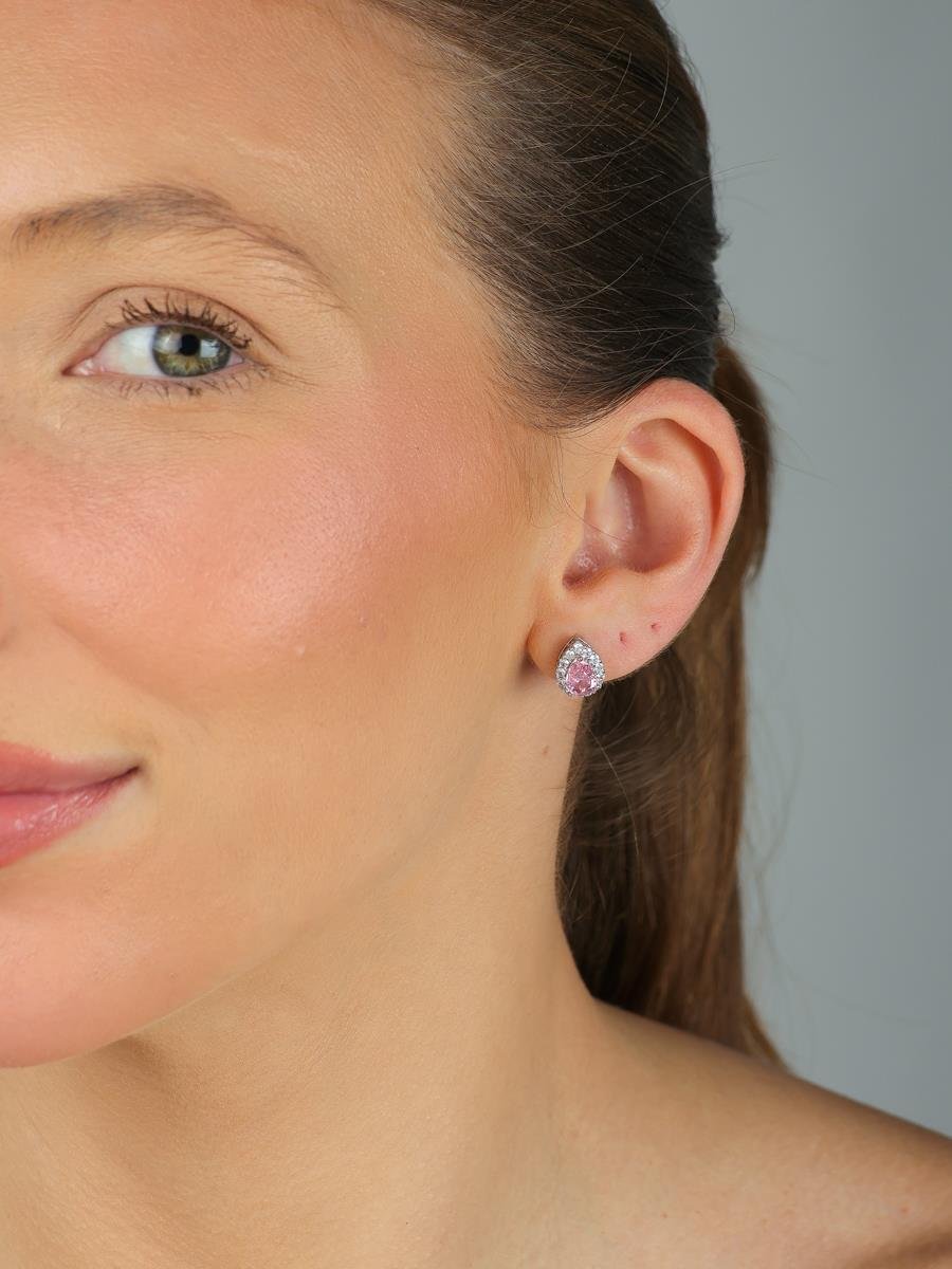 Brinco Gota Rosa Kunzita Cravejado | Banhado a Ródio Branco