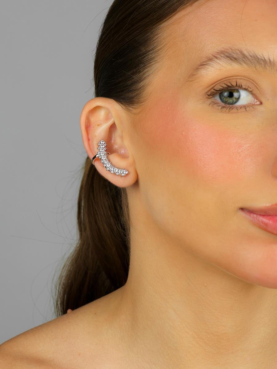 Brinco Ear Cuff Incolor Cravejado | Banhado a Ródio Branco
