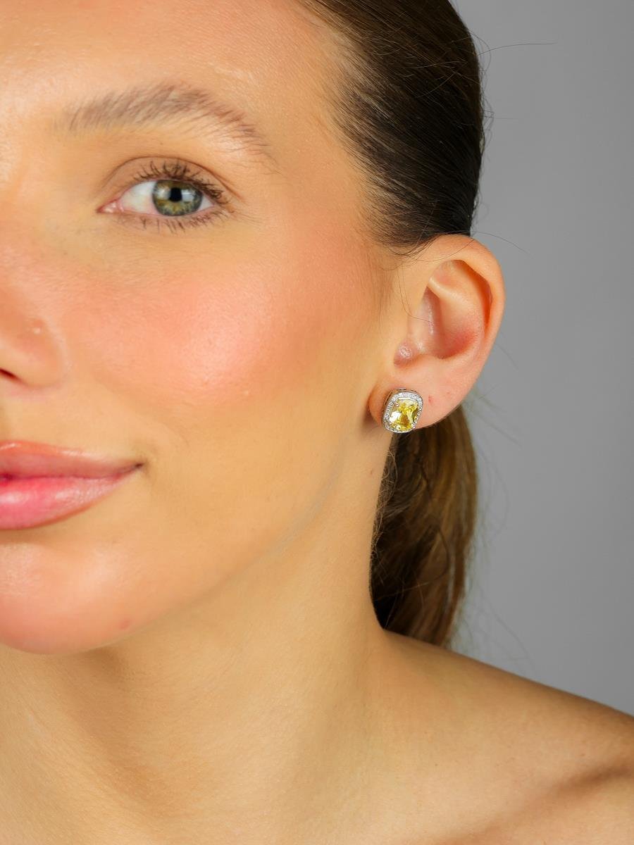 Brinco Retângular Amarelo | Banhado A Ródio Branco
