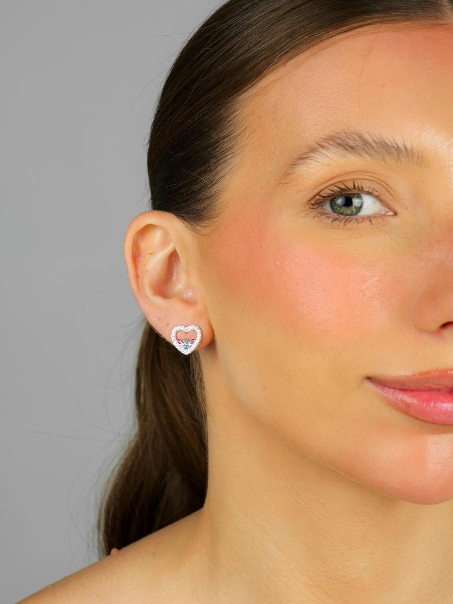 Brinco Coração Vazado Cravejado | Banho De Prata.