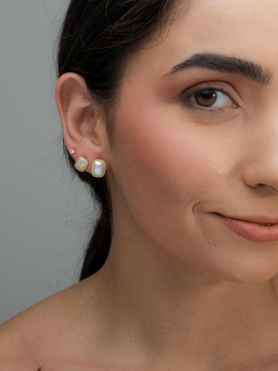 Trio de Brinco Retangular Pérola Cravejado | Banhado a Ouro.