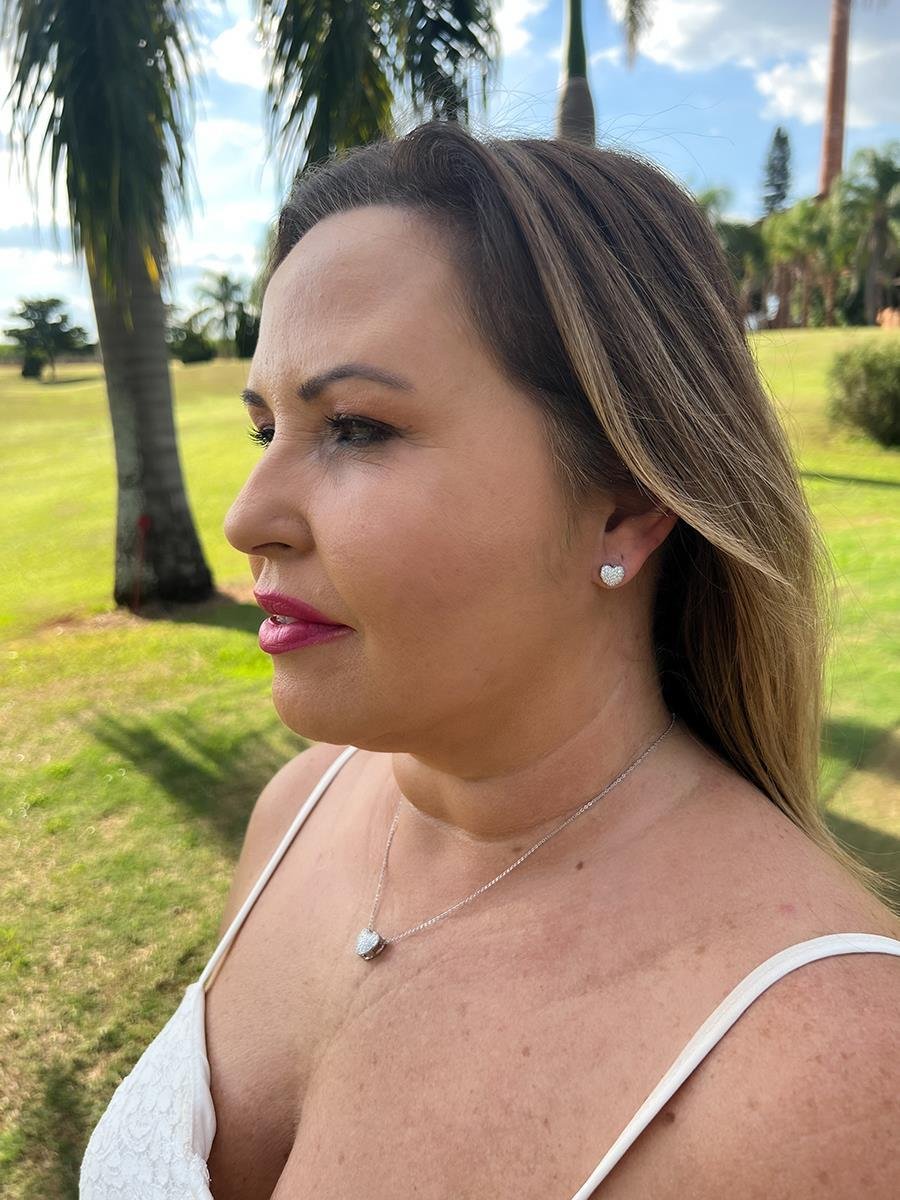 Conjunto Coração Cravejado | Banhado no Ródio Branco