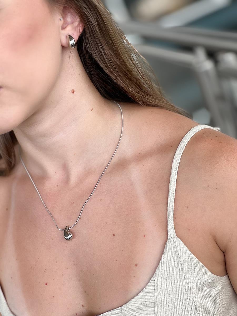 Conjunto Gota Abaulada | Banhado a Ródio Branco