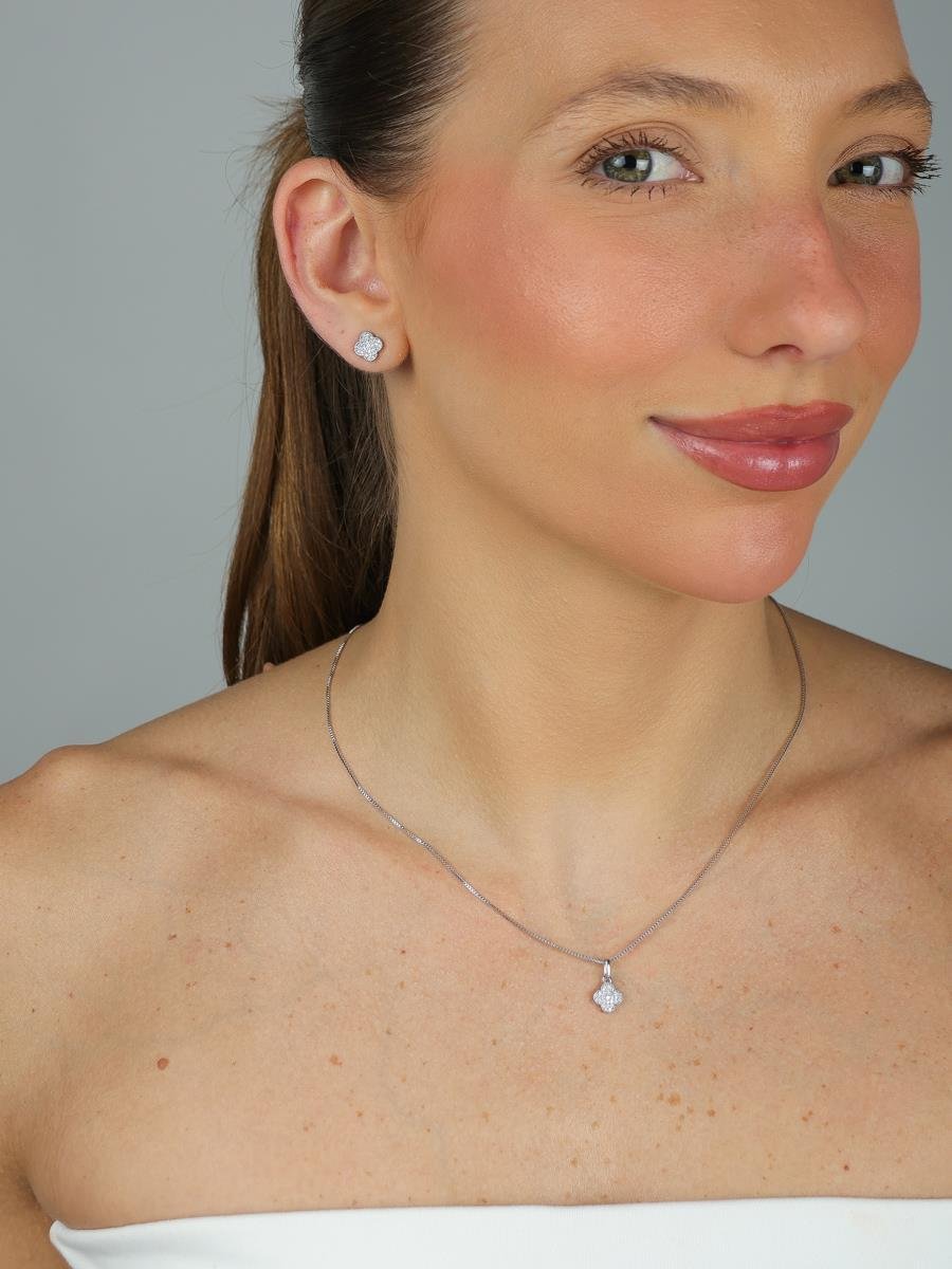 Conjunto Trevo Cravejado | Banhado a Ródio Branco