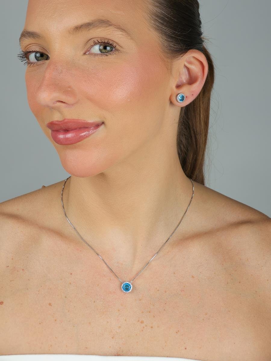 Conjunto Redondo Azul Cravejado | Banhado a Ródio Brando