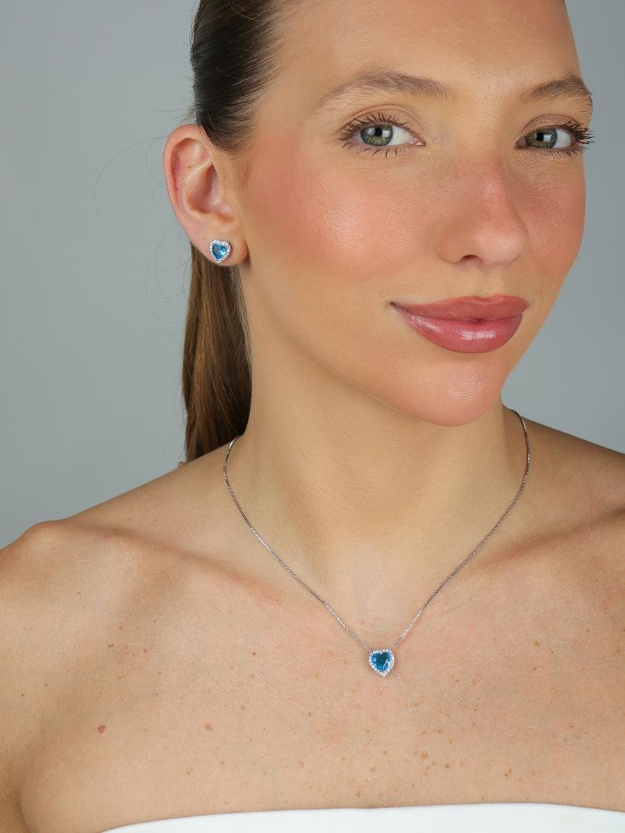 Conjunto Ponto de Luz Coração Azul Cravejado | Banhado a Ródio Branco.