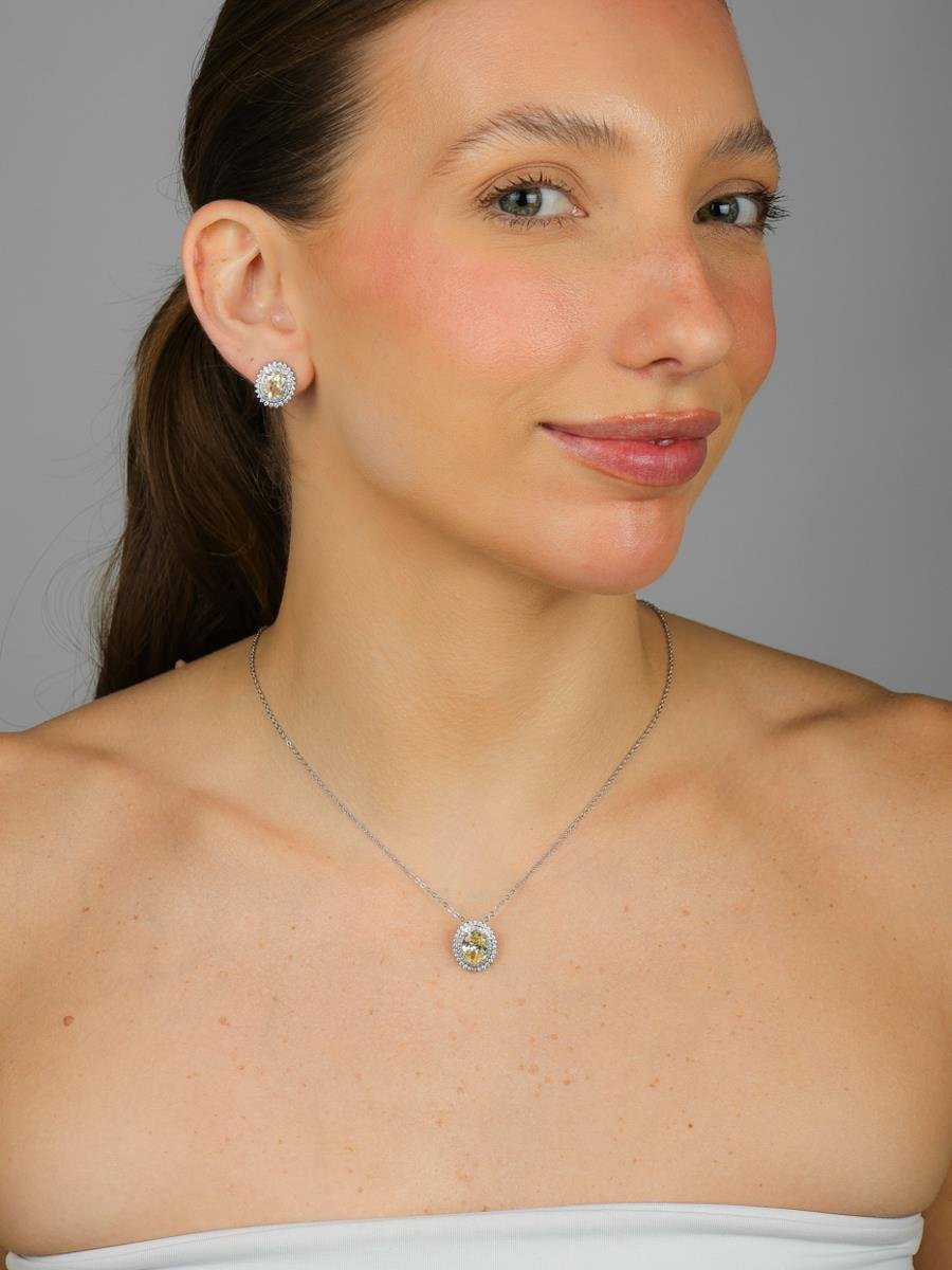 Conjunto Oval Amarelo Cravejado | Banhado a Ródio Branco