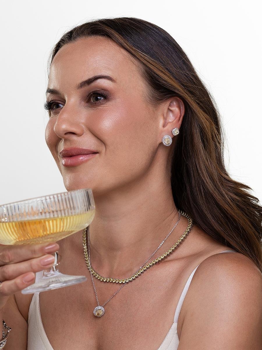 Conjunto Oval Amarelo Cravejado | Banhado a Ródio Branco
