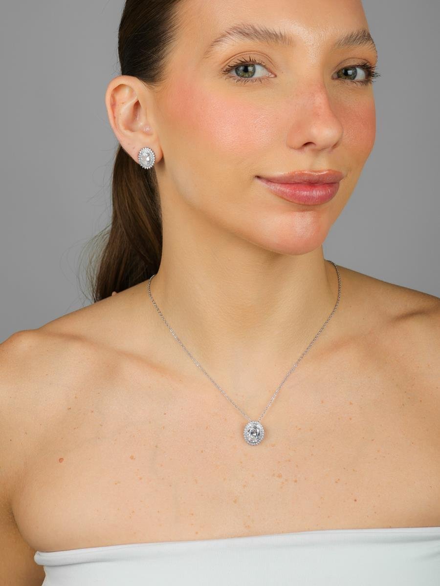 Conjunto Oval Incolor Cravejado | Banhado a Ródio Branco
